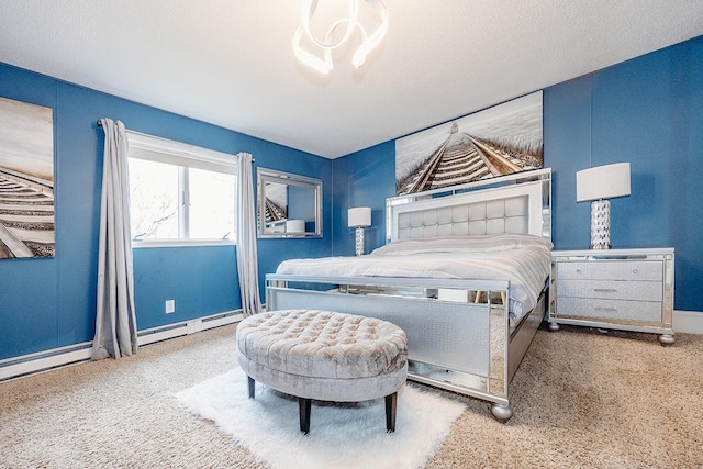 bedroom featuring a baseboard radiator and carpet