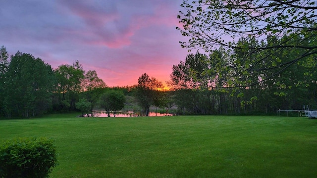 yard at dusk featuring a trampoline and a water view