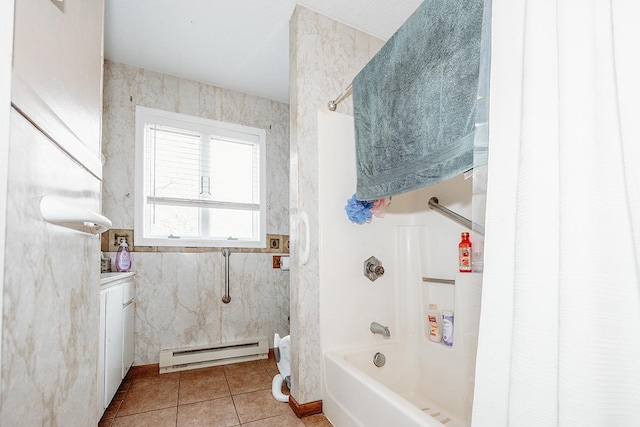 bathroom with tile patterned flooring, vanity, shower / bathtub combination with curtain, and baseboard heating