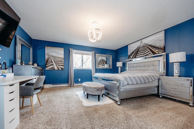 carpeted bedroom with an inviting chandelier and a textured ceiling