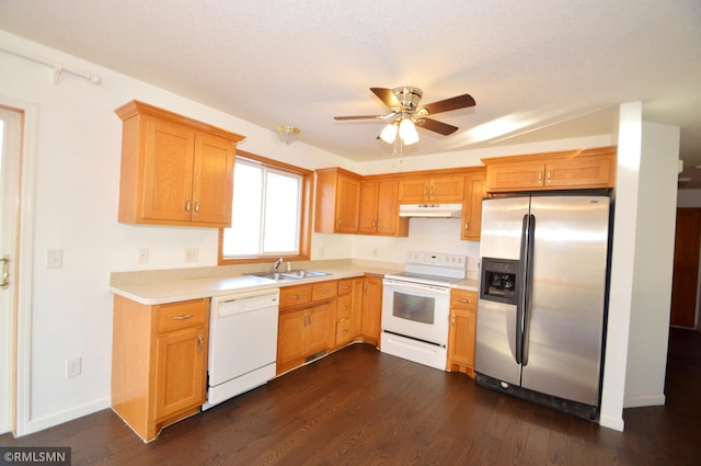 kitchen featuring ceiling fan, sink, dark hardwood / wood-style floors, and white appliances