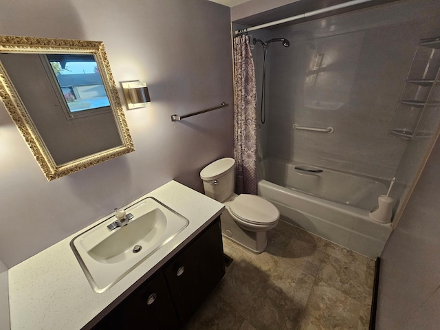 full bathroom with toilet, shower / bath combo with shower curtain, and vanity