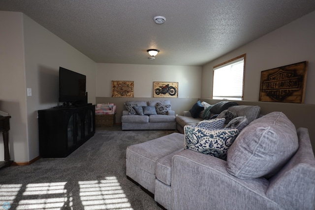 carpeted living room with a textured ceiling