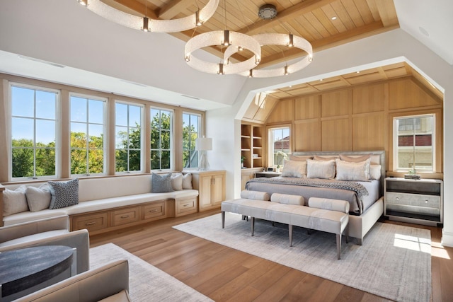 bedroom with light hardwood / wood-style flooring, wood ceiling, lofted ceiling with beams, and wood walls