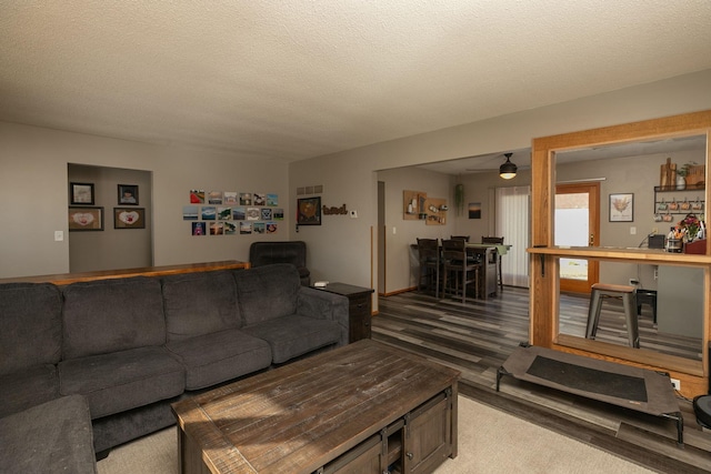 living room with a textured ceiling and dark hardwood / wood-style flooring