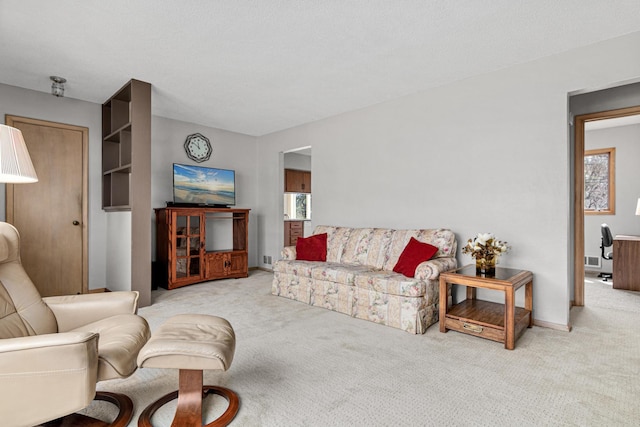 living area featuring visible vents and carpet floors