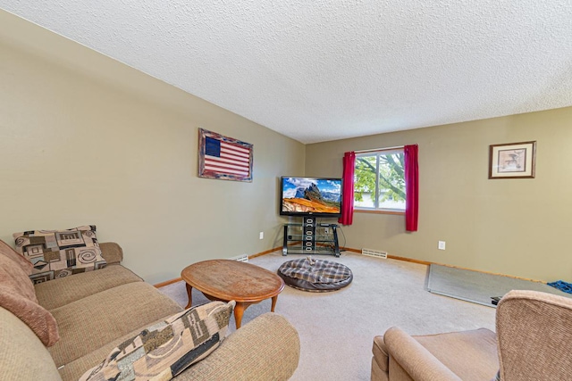 living room with a textured ceiling and carpet floors