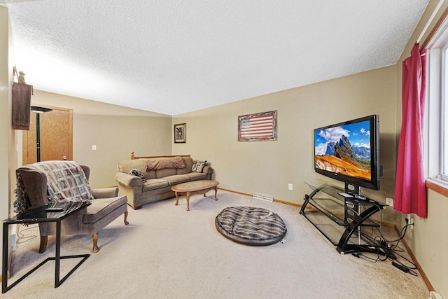 carpeted living room with a textured ceiling