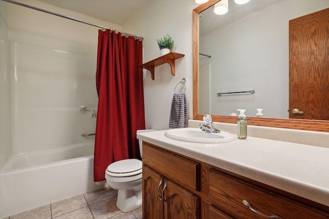 full bathroom with toilet, shower / bath combo with shower curtain, vanity, and tile patterned flooring