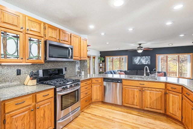 kitchen featuring sink, light wood-type flooring, kitchen peninsula, ceiling fan, and stainless steel appliances