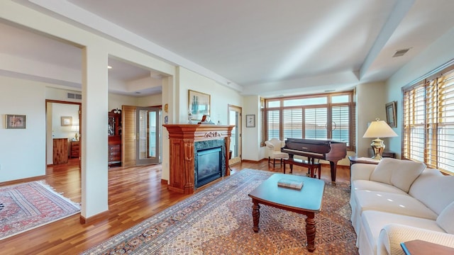 living room featuring a fireplace and hardwood / wood-style flooring