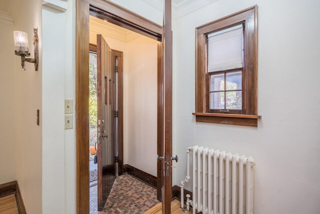 corridor with crown molding and radiator