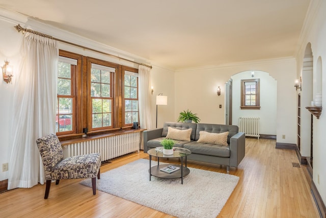 living room with crown molding, radiator heating unit, and light hardwood / wood-style floors