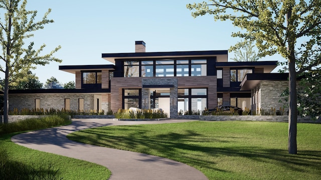 555 Bushaway Rd, Wayzata, MN 55391 - modern home with stone siding, a chimney, and a front yard