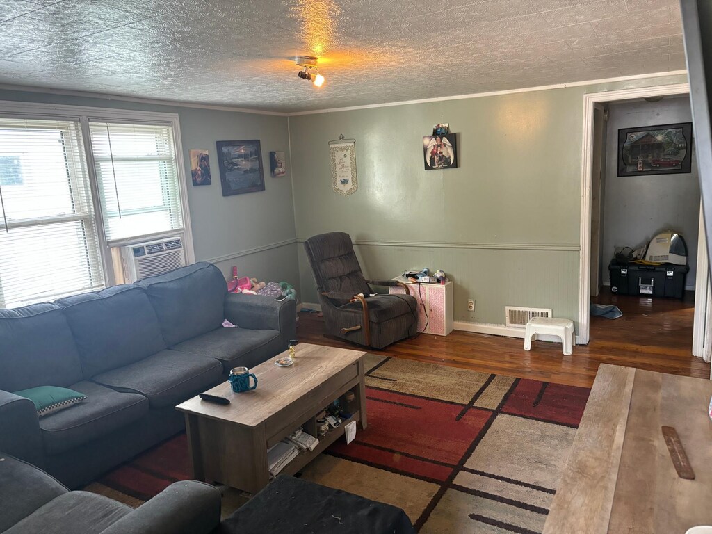 living room with crown molding, hardwood / wood-style flooring, and a textured ceiling