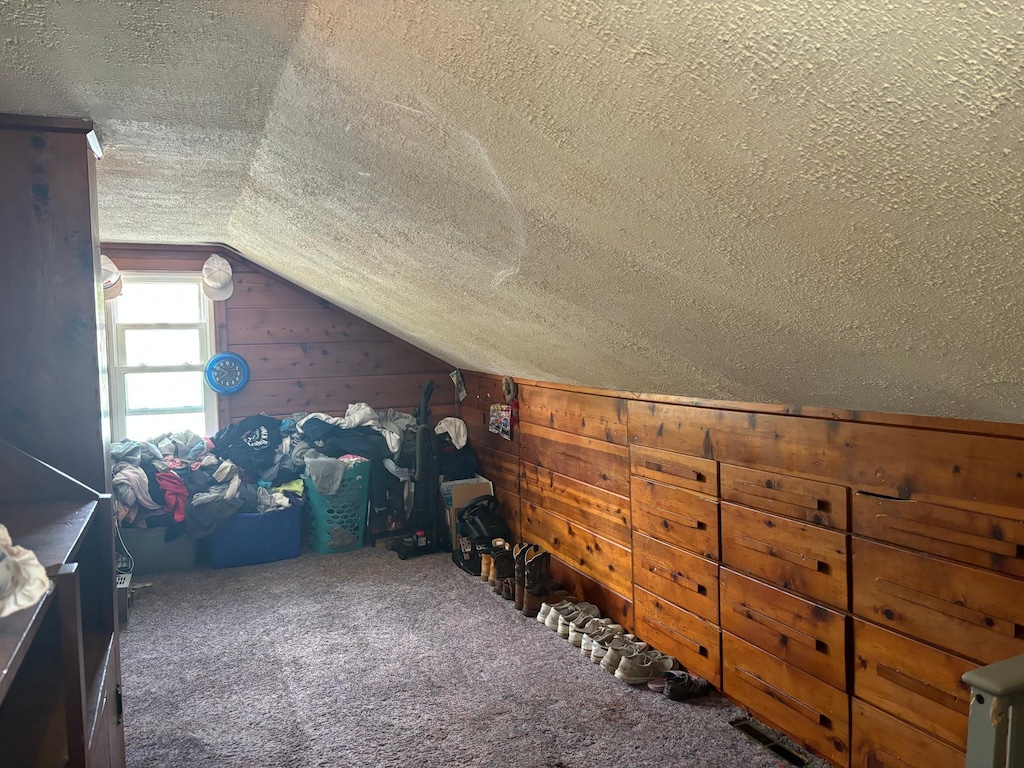 additional living space with a textured ceiling, wooden walls, carpet flooring, and vaulted ceiling