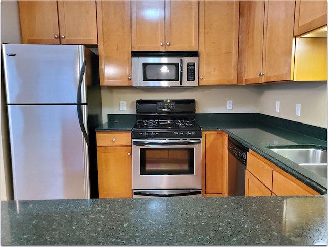 kitchen featuring stainless steel appliances and dark stone countertops