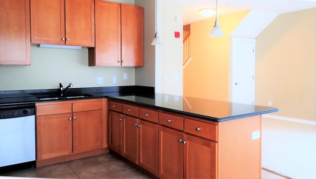 kitchen with white dishwasher, sink, and kitchen peninsula