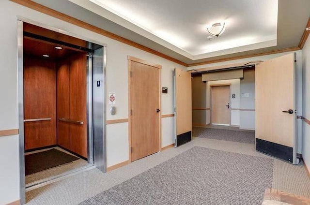 hallway featuring light carpet, ornamental molding, elevator, and a raised ceiling