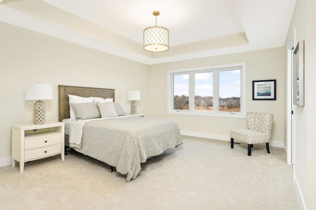 carpeted bedroom featuring a raised ceiling