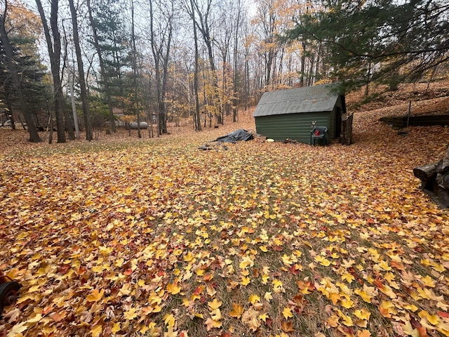 view of yard featuring a storage unit