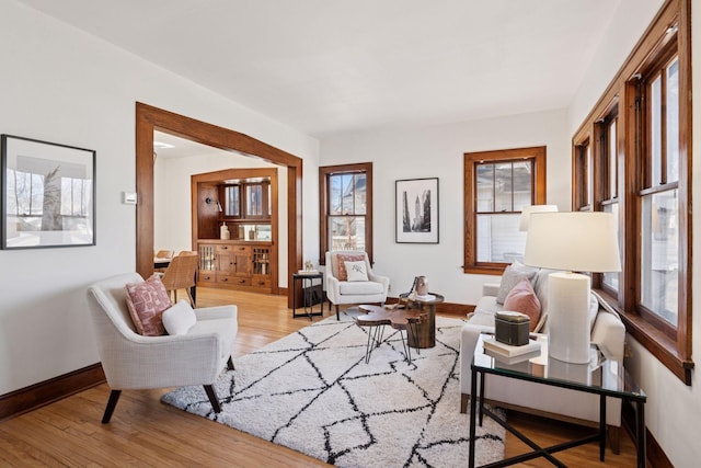 living area featuring baseboards and light wood-style floors