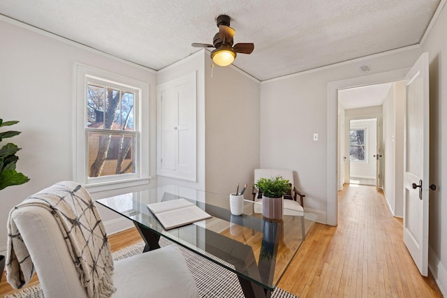 dining room featuring light wood finished floors, ceiling fan, baseboards, ornamental molding, and a textured ceiling