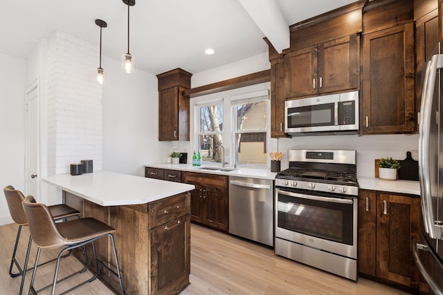 kitchen featuring a sink, dark brown cabinets, light wood-style floors, and stainless steel appliances