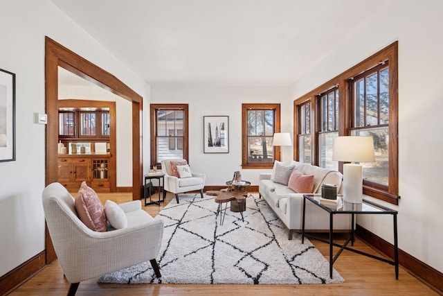 living area featuring baseboards and wood finished floors