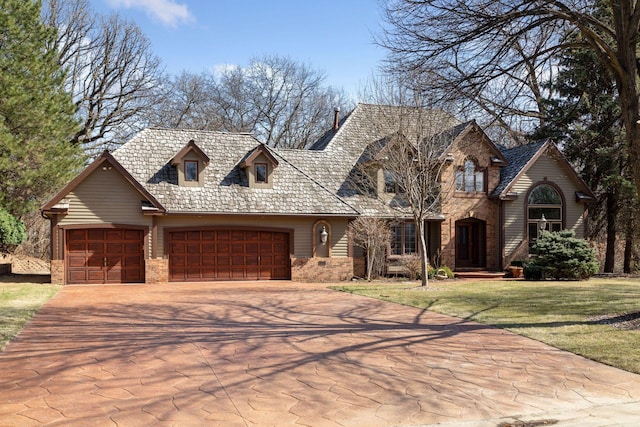 view of front facade with an attached garage, a front lawn, driveway, and brick siding