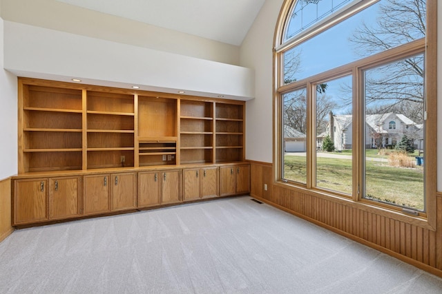 spare room with wainscoting, wooden walls, a high ceiling, and light colored carpet
