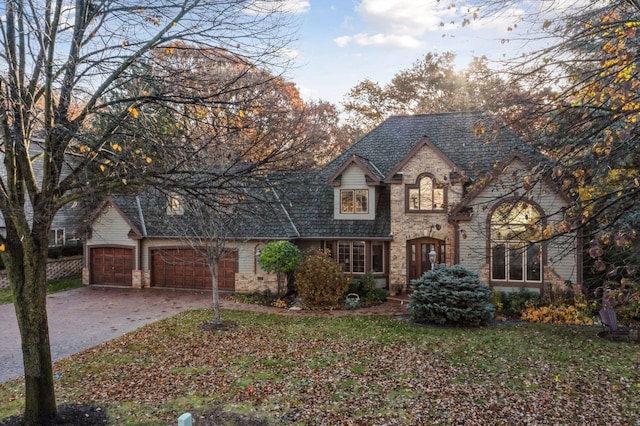 french provincial home with a garage, driveway, and stone siding
