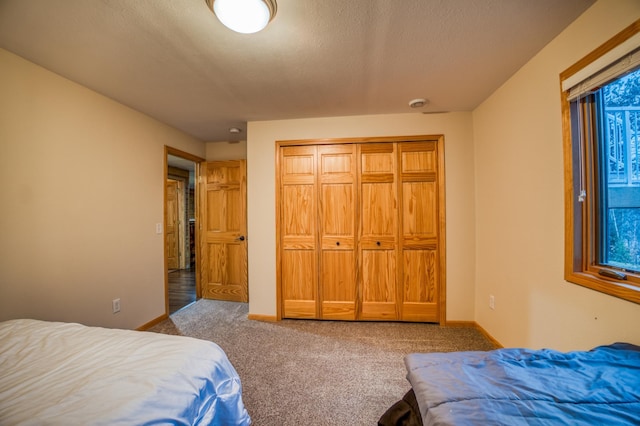 bedroom featuring carpet, a textured ceiling, and a closet