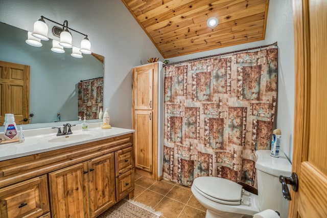 bathroom featuring vanity, wooden ceiling, tile patterned floors, vaulted ceiling, and toilet