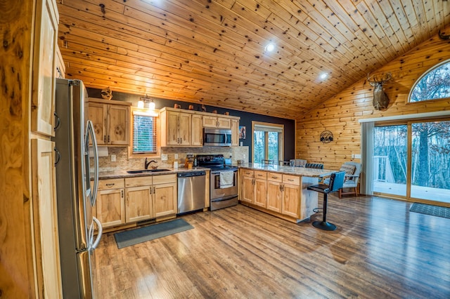 kitchen with wooden ceiling, hanging light fixtures, stainless steel appliances, and light wood-type flooring