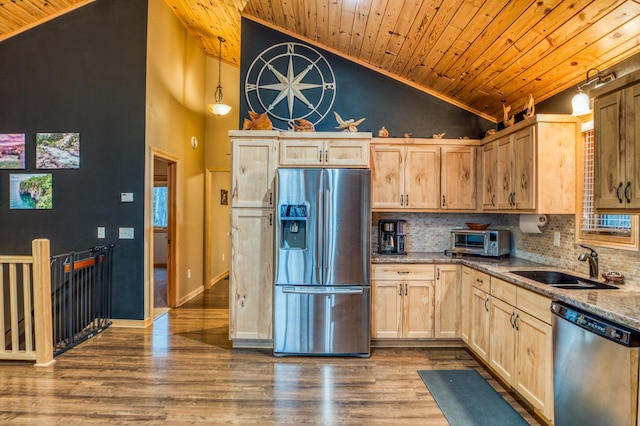 kitchen with appliances with stainless steel finishes, wood ceiling, dark wood-type flooring, and sink