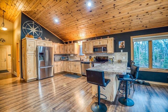 kitchen with wooden ceiling, stainless steel appliances, tasteful backsplash, kitchen peninsula, and pendant lighting