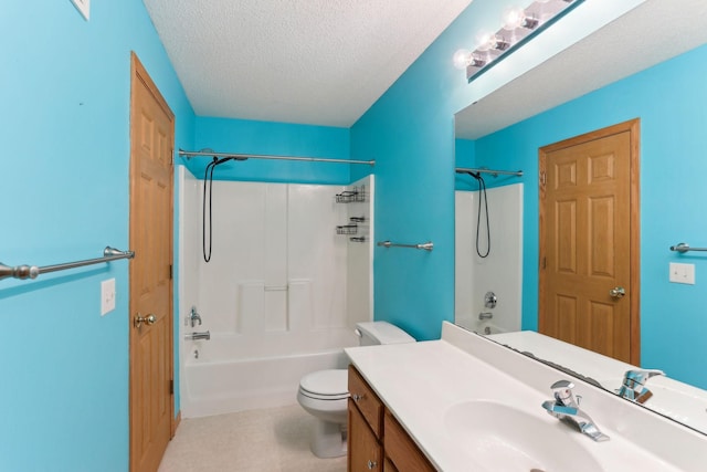 bathroom featuring shower / tub combination, toilet, vanity, and a textured ceiling