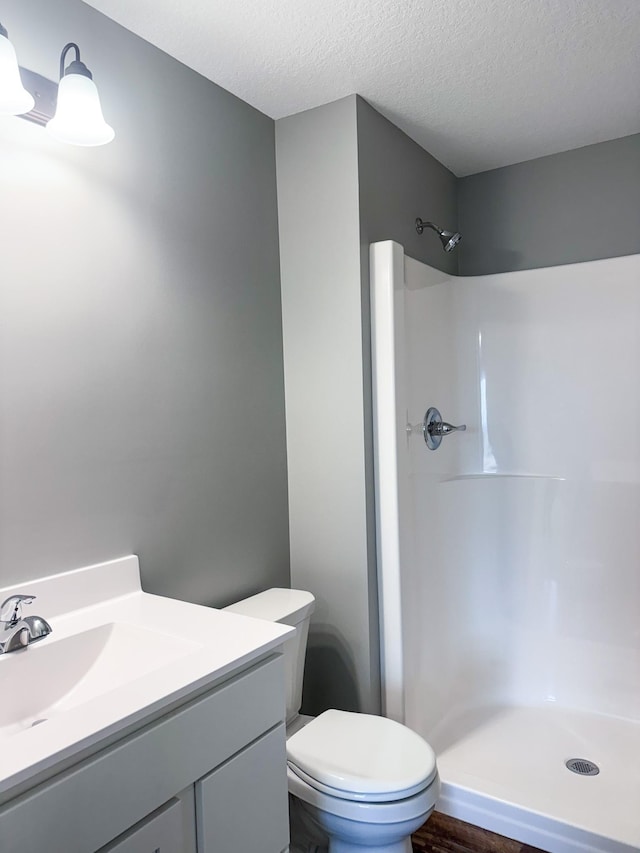 bathroom with toilet, a textured ceiling, vanity, and a shower