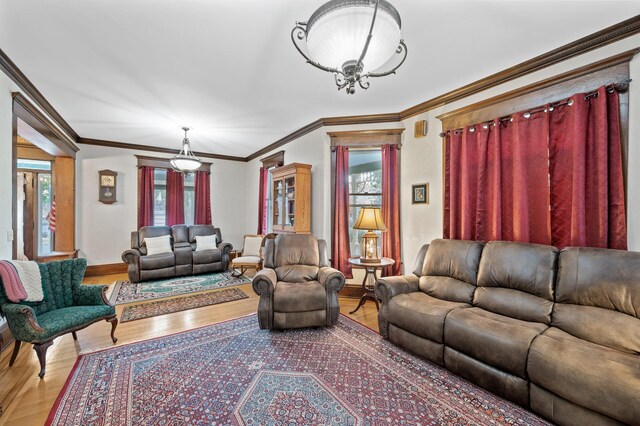 2523 Dupont Ave N, Minneapolis, MN 55411 - living room featuring baseboards, wood finished floors, and crown molding