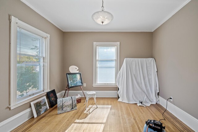 2523 Dupont Ave N, Minneapolis, MN 55411 - living area featuring baseboards, wood finished floors, and crown molding