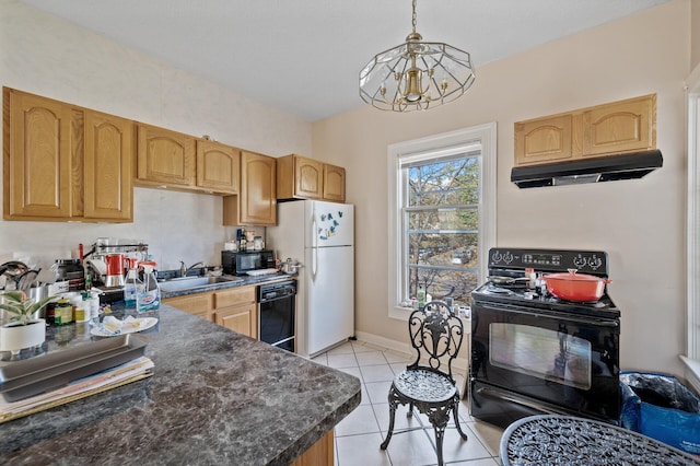 kitchen with black appliances, sink, hanging light fixtures, light tile patterned floors, and a chandelier