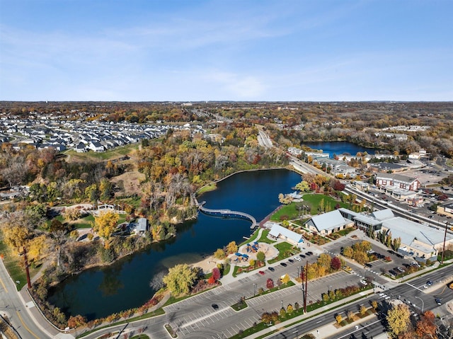 drone / aerial view featuring a water view