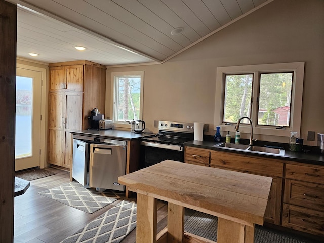 kitchen featuring wood-type flooring, lofted ceiling, sink, and plenty of natural light