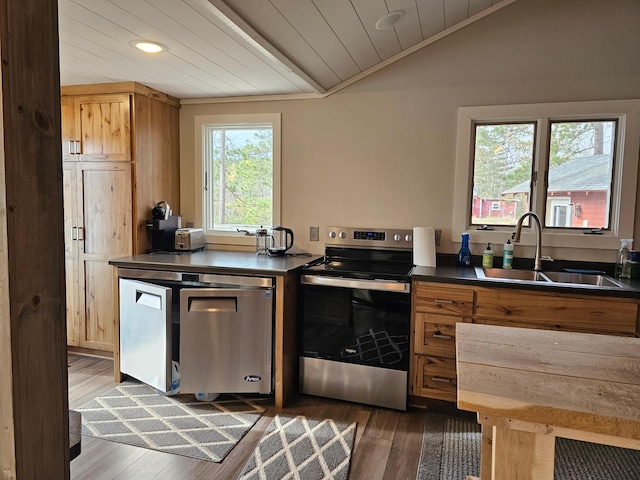 kitchen featuring lofted ceiling, wooden ceiling, dark hardwood / wood-style floors, stainless steel range with electric stovetop, and sink