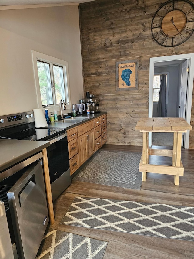 kitchen with sink, stainless steel electric stove, vaulted ceiling, wooden walls, and dark hardwood / wood-style floors