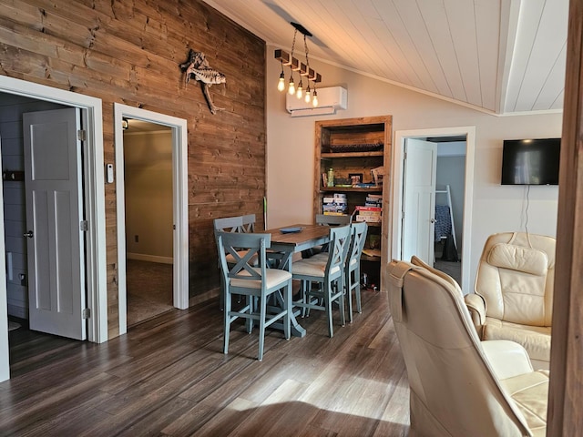 dining space featuring a wall mounted AC, dark wood-type flooring, vaulted ceiling, and wood walls