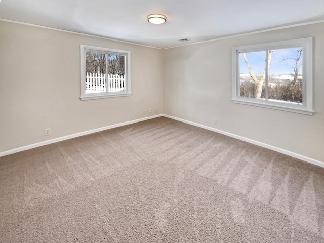 carpeted spare room with visible vents, baseboards, and ornamental molding