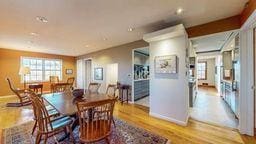 22735 Hickory Rd, Lanesboro, MN 55949 - dining area with baseboards, wood finished floors, and recessed lighting