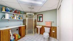 22735 Hickory Rd, Lanesboro, MN 55949 - bathroom featuring a drop ceiling, a stall shower, toilet, tile patterned flooring, and a wainscoted wall